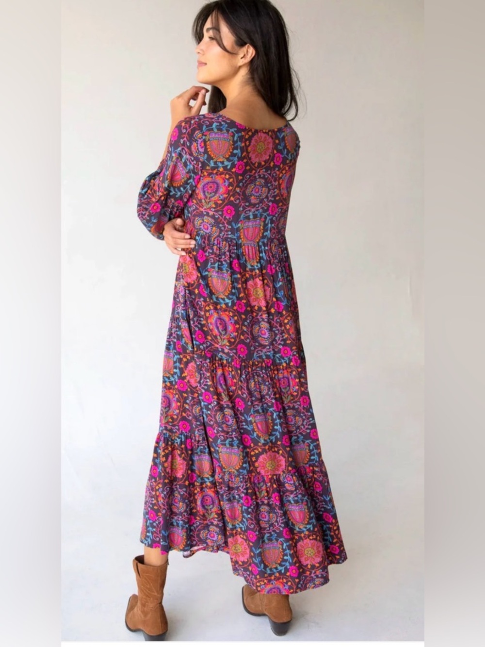 NATURAL LIFE Size L Charlotte Midi Dress BLACK PRINTED FOLK CIRCLES TIERED FLOWY - Picture 7 of 11